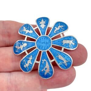 Vintage Sterling Silver 925 Siam Blue Enamel Flower Brooch